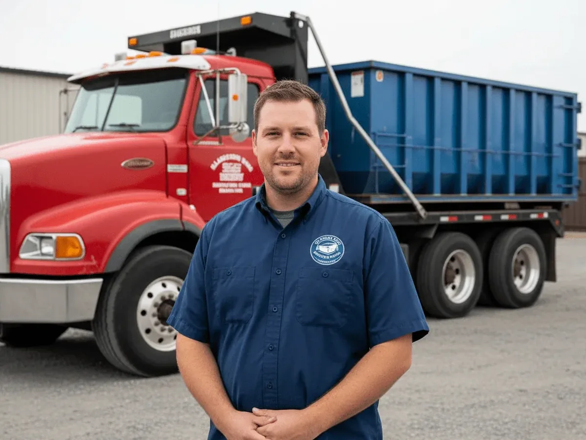 The Clarkson Bros Dumpster Rental Clarksville crew with a roll-off truck and container in Clarksville, TN