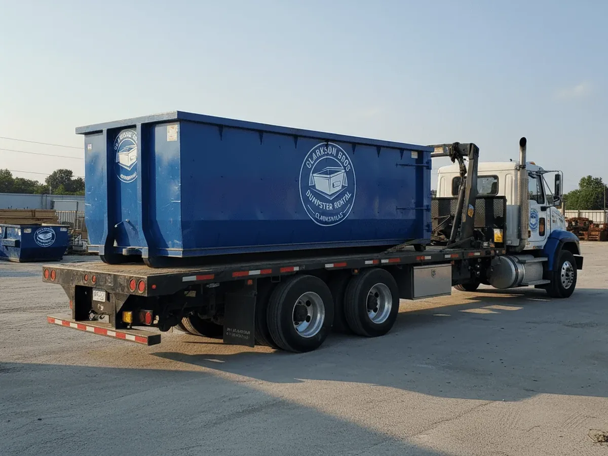 Clarkson Bros Dumpster Rental Clarksville roll-off truck delivering a container in Clarksville, TN